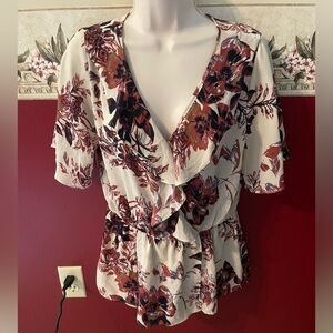 Sienna Sky Floral V-Neck Blouse - Cream and Burgundy